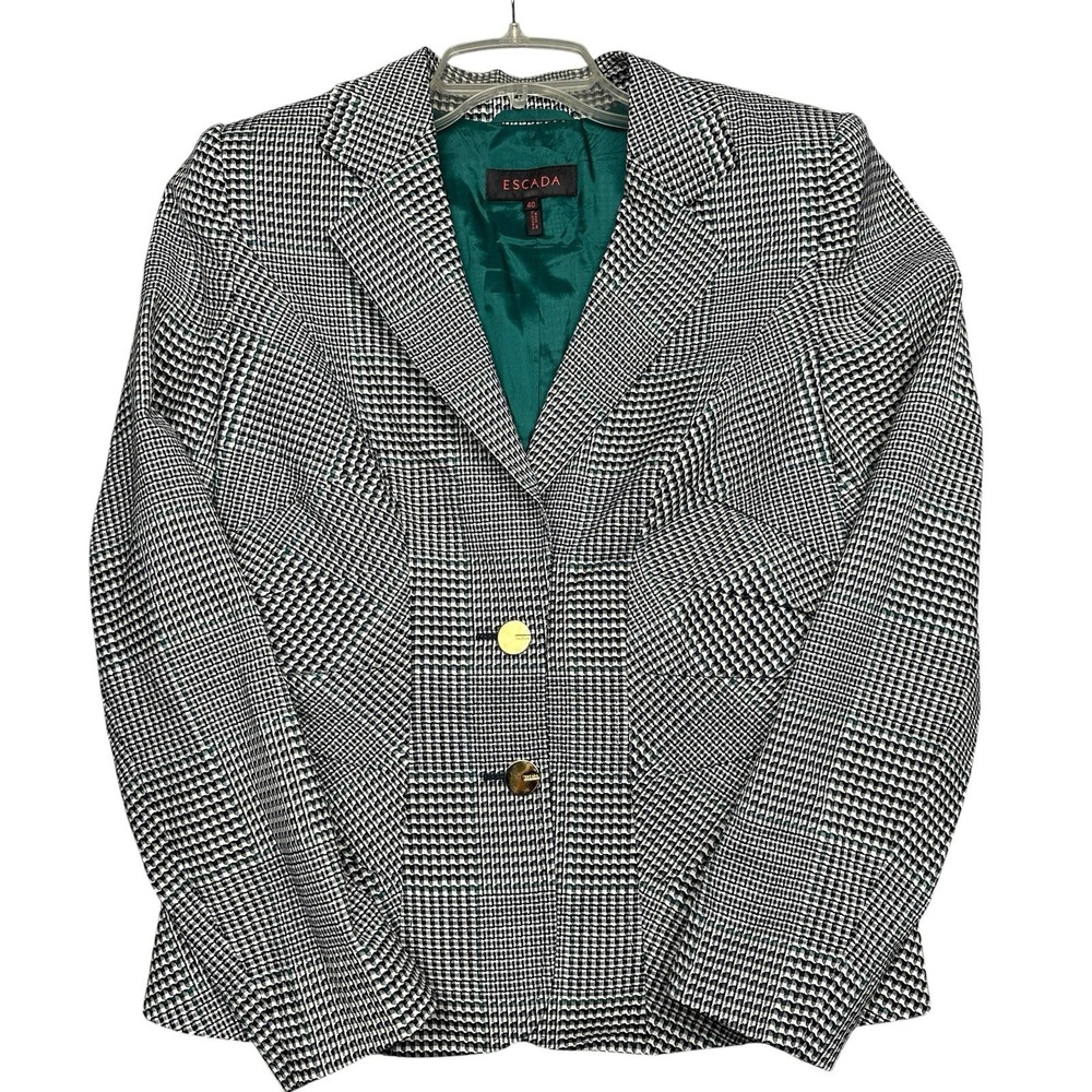 VTG Escada Houndstooth Blazer Women's Size 10 US 40 EU Wool Plaid Gray Green